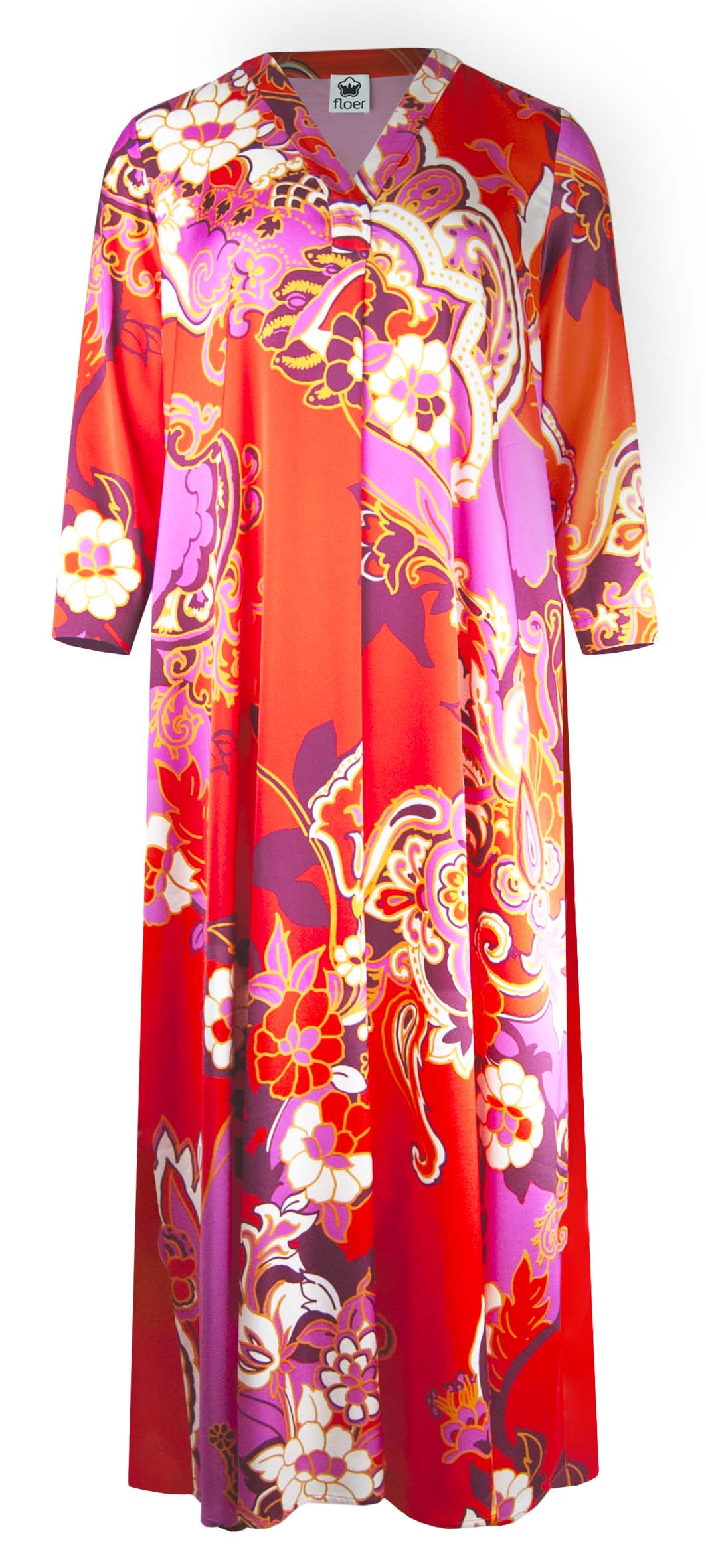 fließendes V-Ausschnittkleid mit alloverprint - hot coral