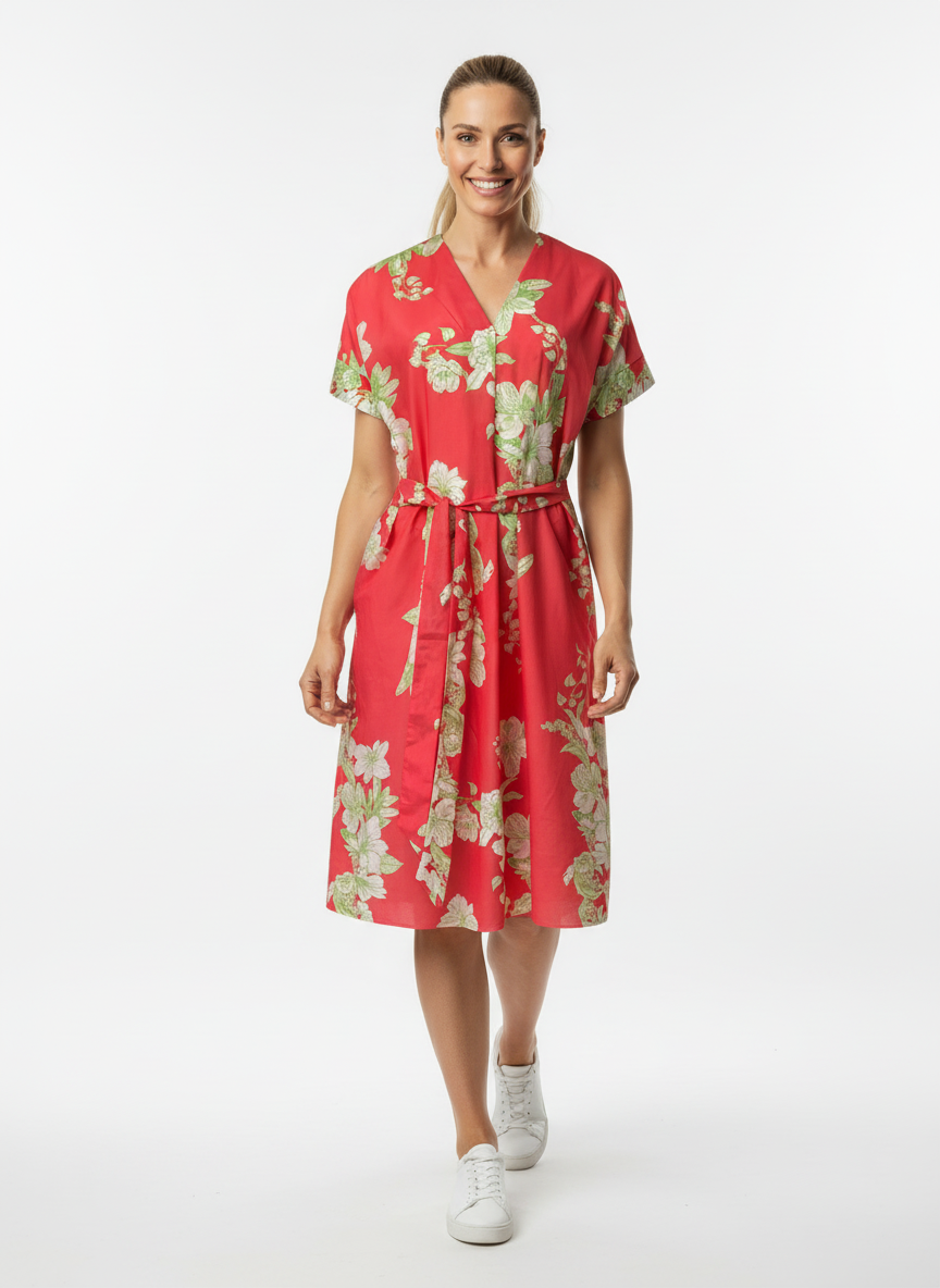 Seiden-Baumwollkleid in Coral Blossom Print