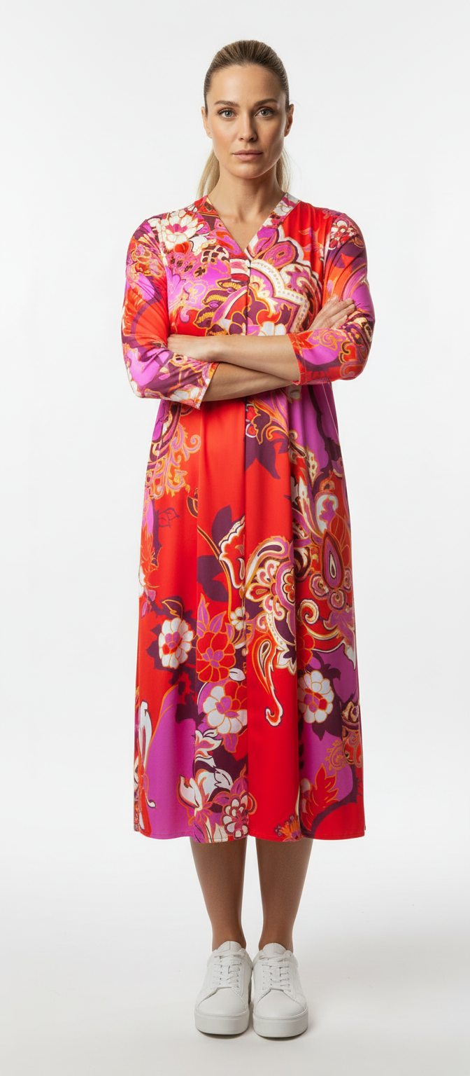 fließendes V-Ausschnittkleid mit alloverprint - hot coral