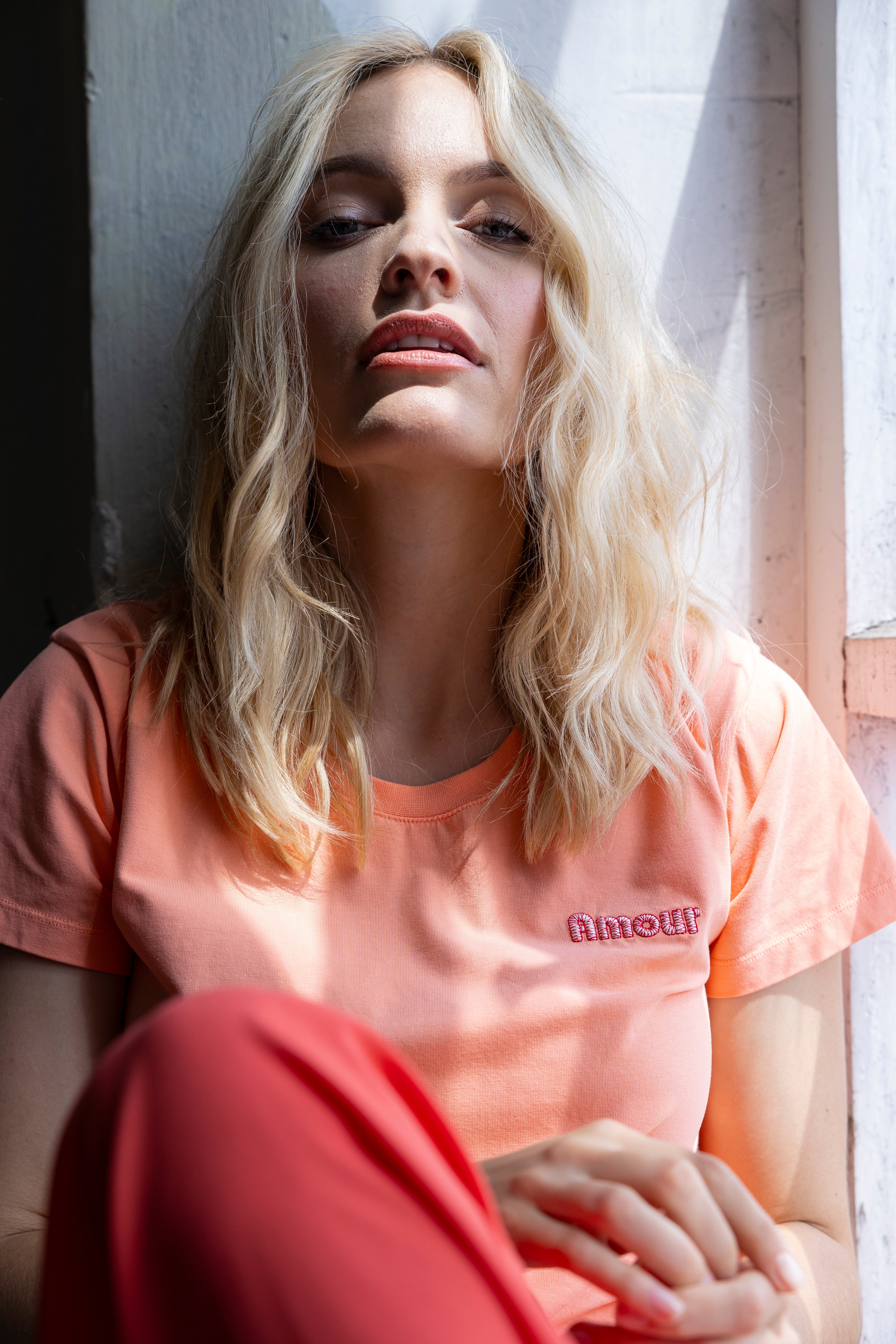 T-Shirt Kurzarm mit Amourstickerei coral