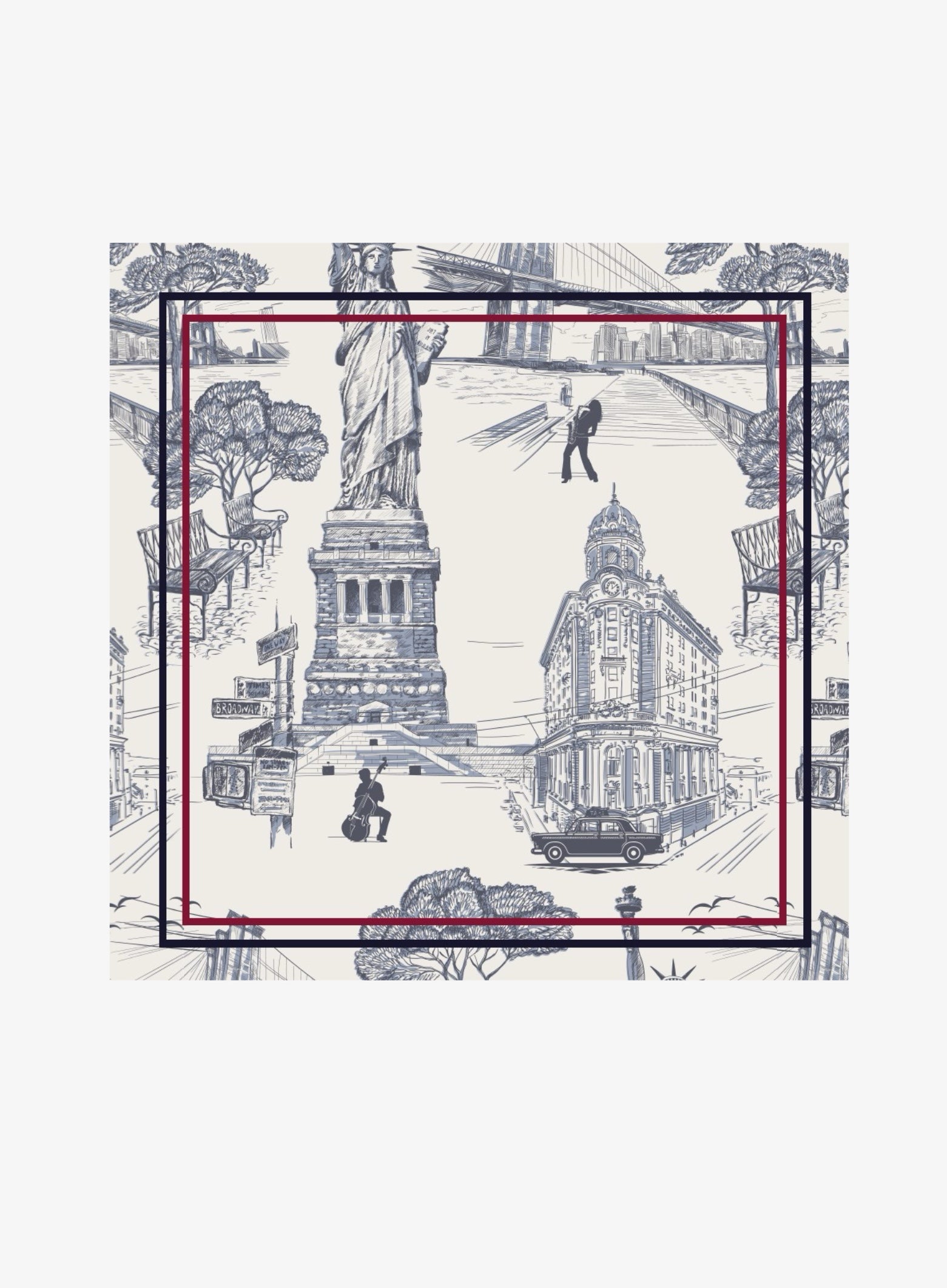 New York Print Silk Scarf, navy