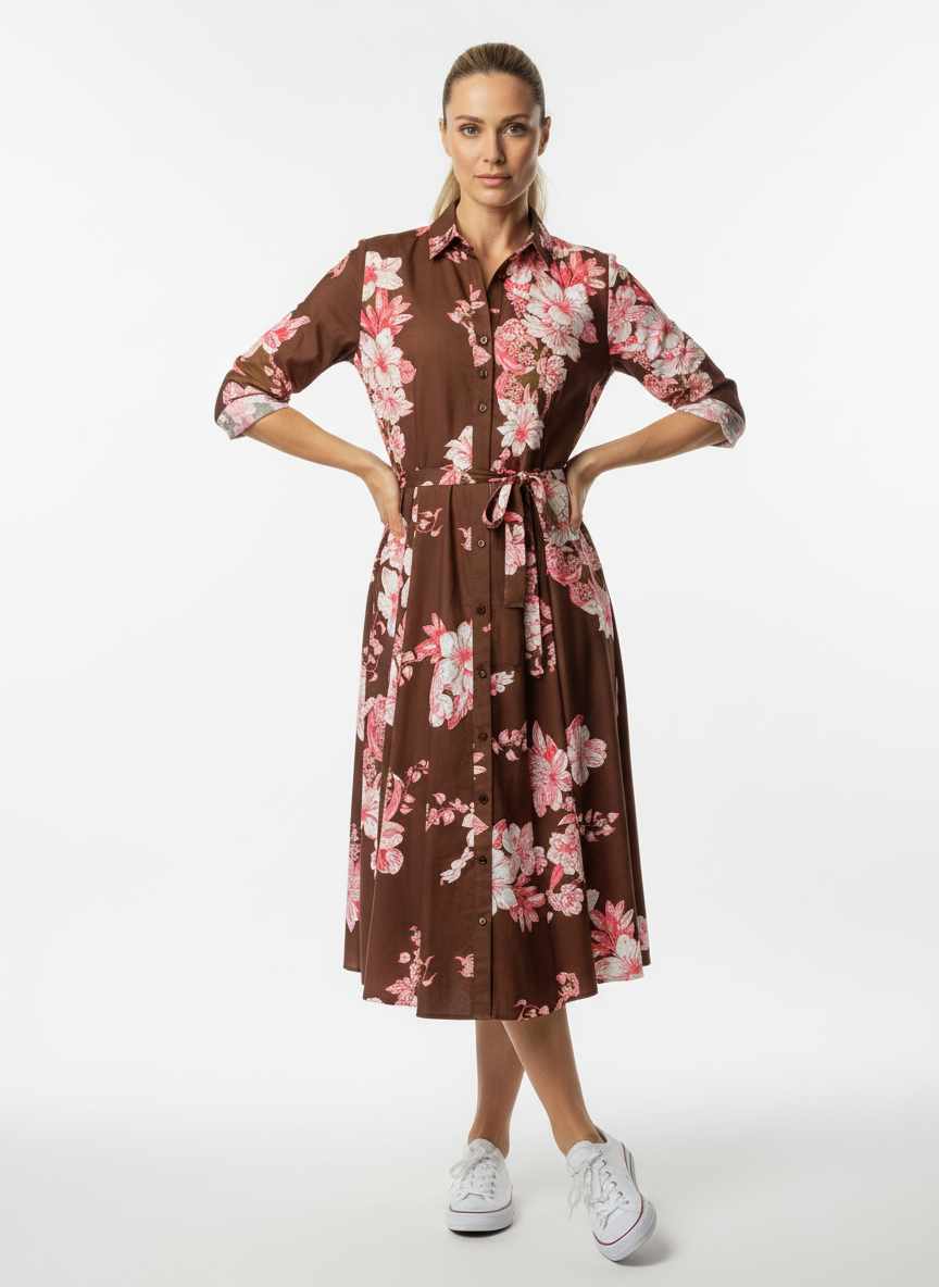 Hochwertiges Blusenkleid mit floralem Print aus Baumwolle & Seide