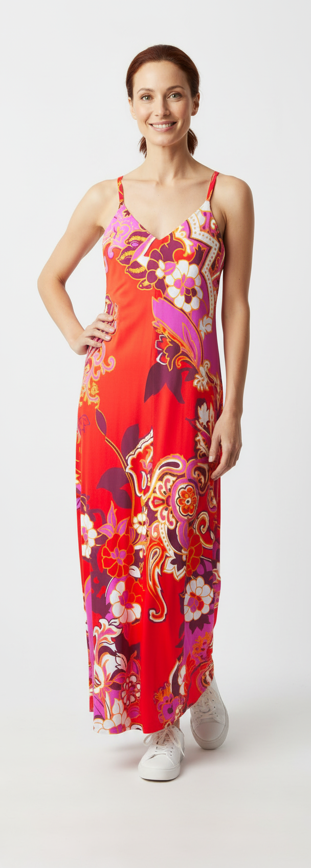 fließendes Spaghettiträgerkleid - hot coral